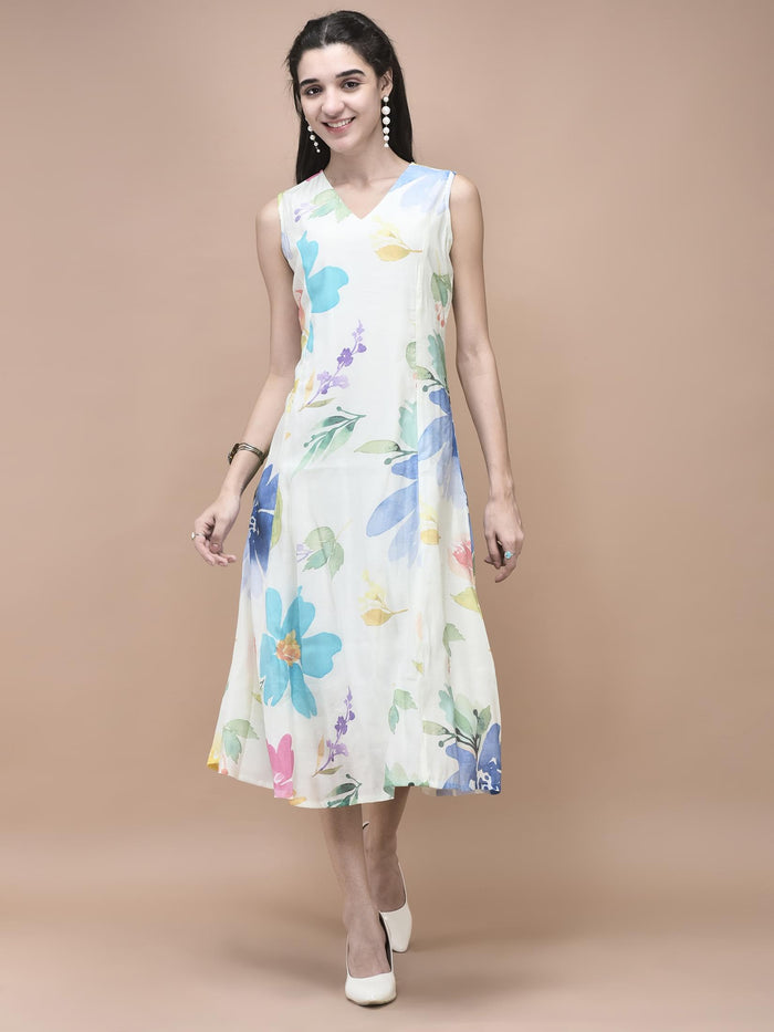 Women Chanderi Off White Floral Print Dress.