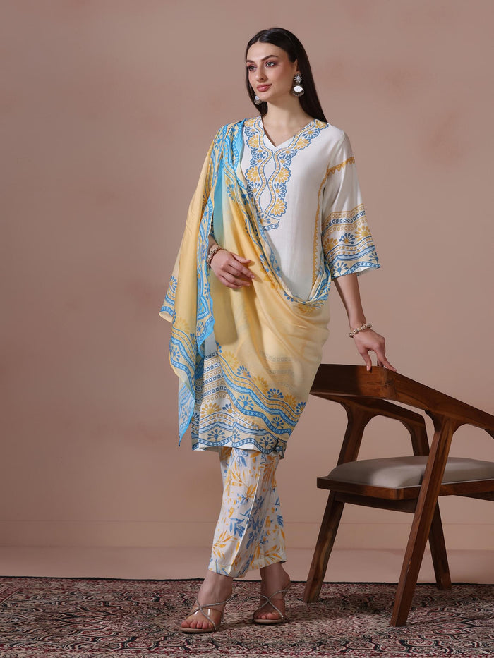 Women Chanderi Off White Printed Kurta Comfort Pant Dupatta.