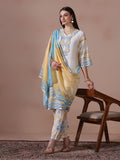 Women Chanderi Off White Printed Kurta Comfort Pant Dupatta.