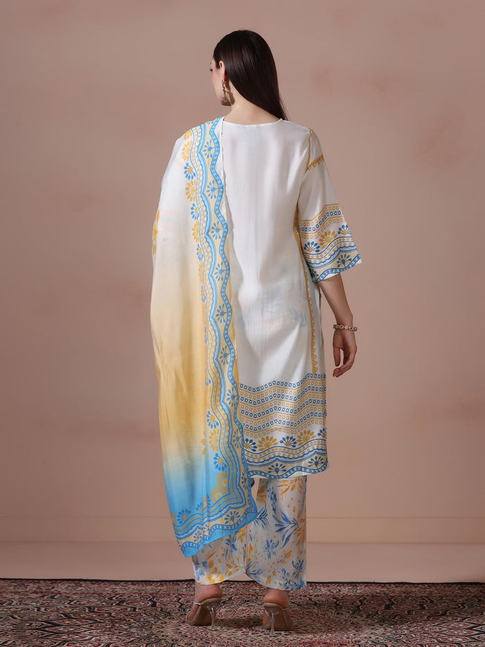 Women Chanderi Off White Printed Kurta Comfort Pant Dupatta.