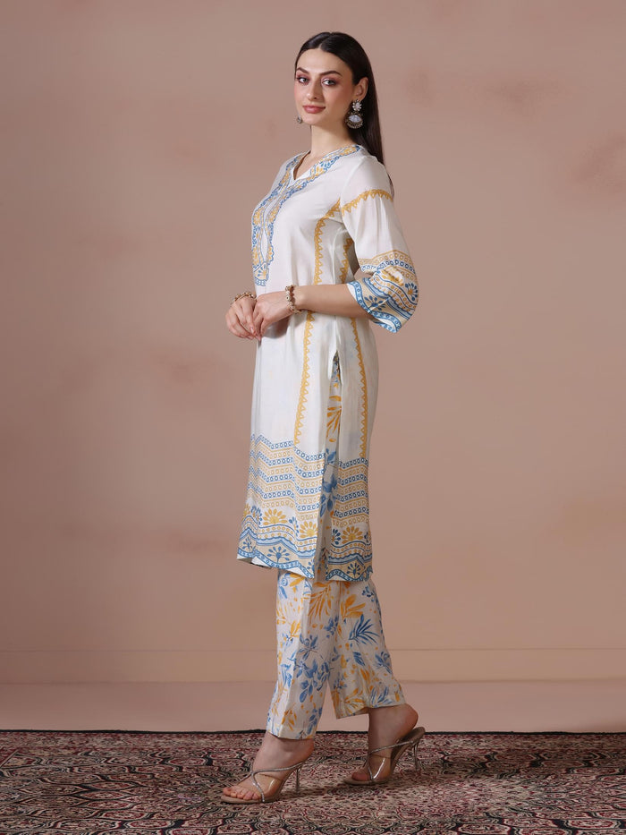 Women Chanderi Off White Printed Kurta Comfort Pant Dupatta.