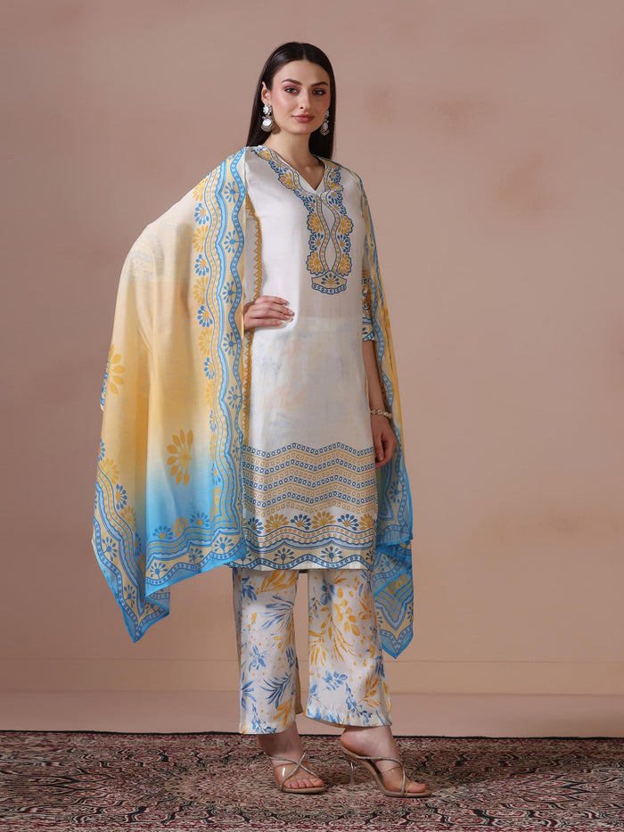 Women Chanderi Off White Printed Kurta Comfort Pant Dupatta.