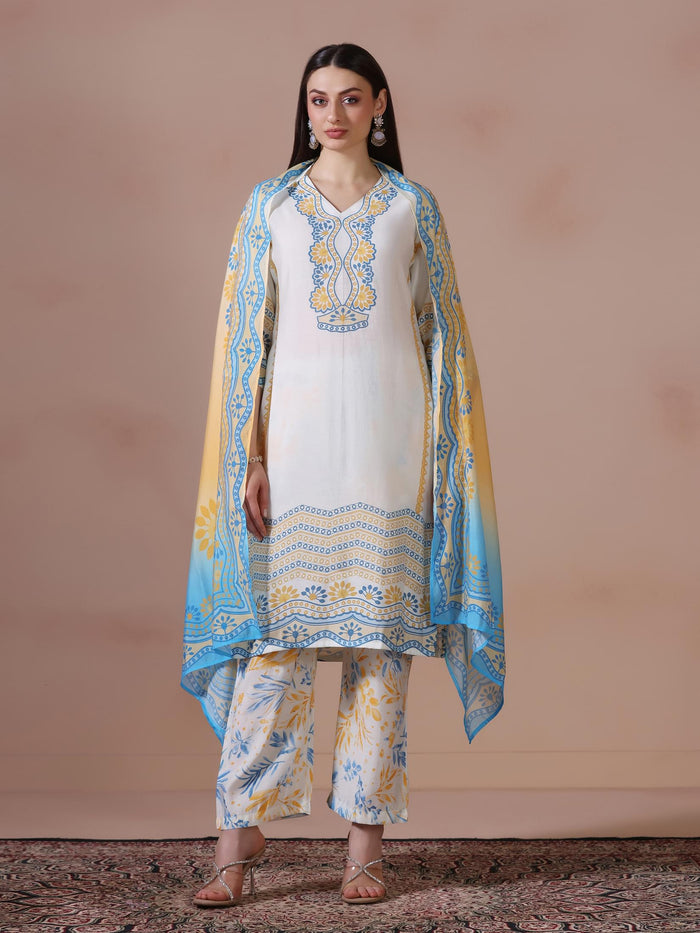 Women Chanderi Off White Printed Kurta Comfort Pant Dupatta.