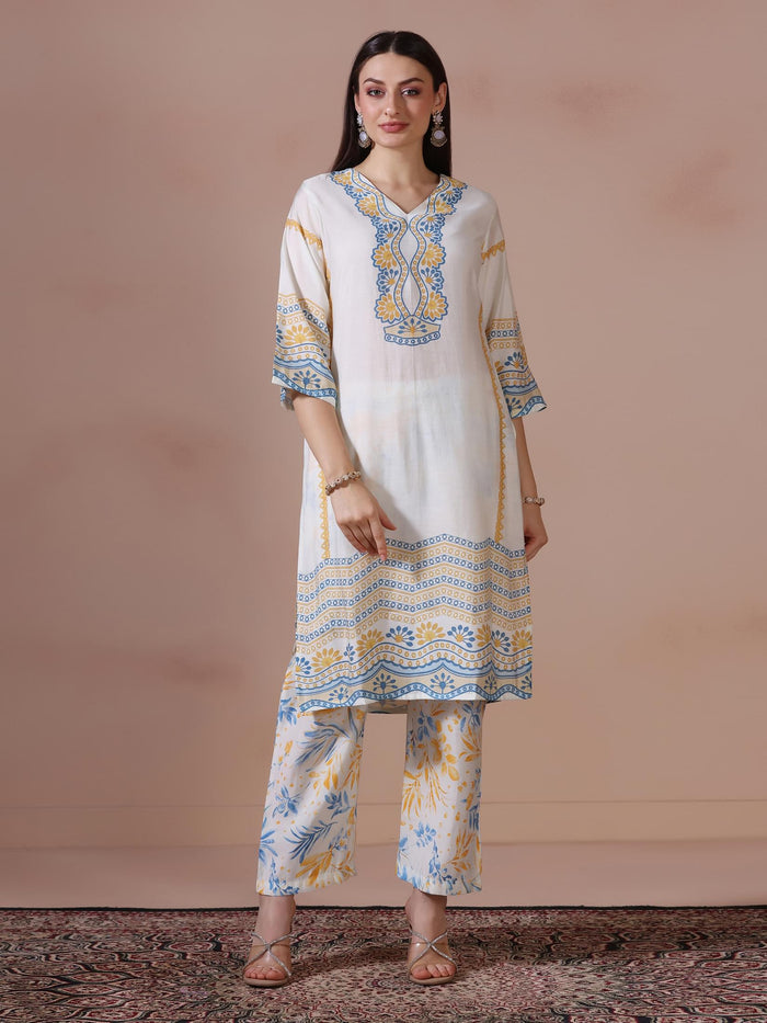 Women Chanderi Off White Printed Kurta Comfort Pant Dupatta.
