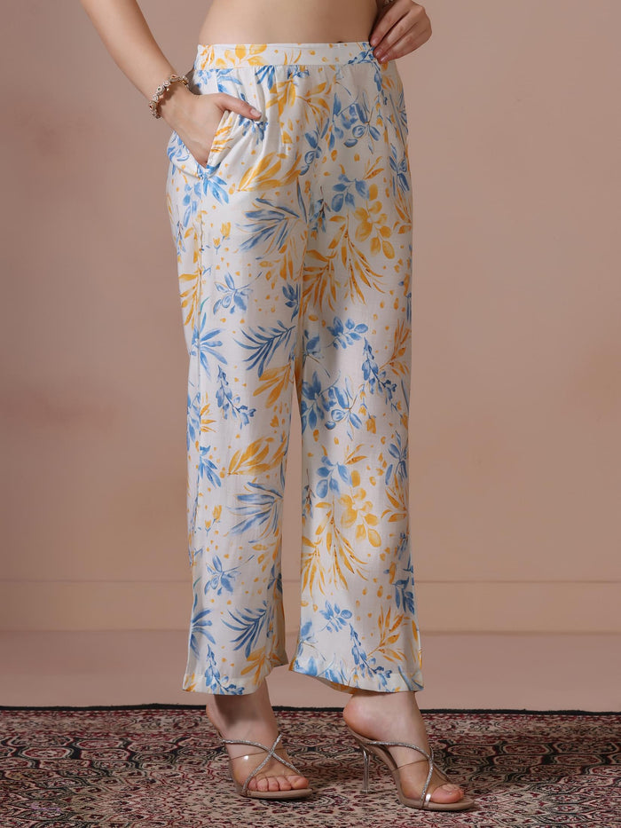 Women Chanderi Off White Printed Kurta Comfort Pant Dupatta.