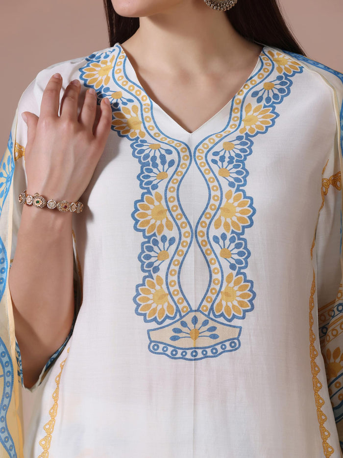 Women Chanderi Off White Printed Kurta Comfort Pant Dupatta.