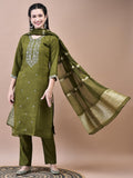Women Chanderi Olive Embroidered Kurta Trouser Dupatta.