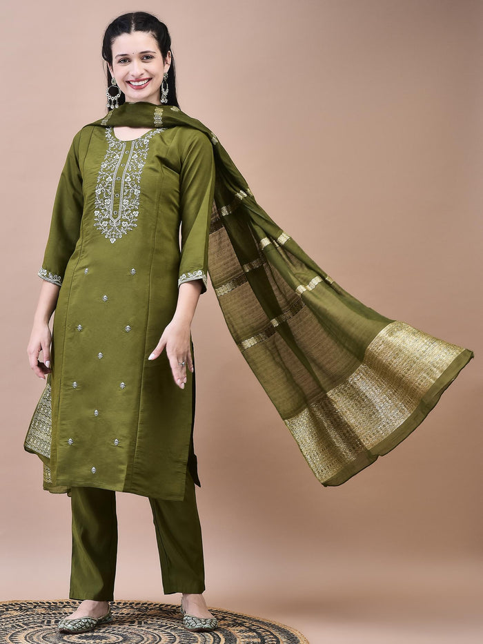 Women Chanderi Olive Embroidered Kurta Trouser Dupatta.