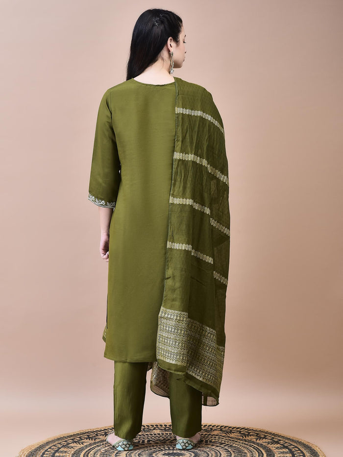 Women Chanderi Olive Embroidered Kurta Trouser Dupatta.