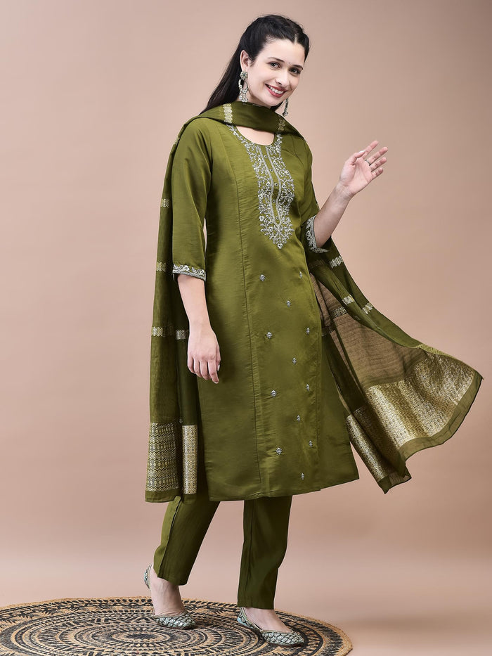 Women Chanderi Olive Embroidered Kurta Trouser Dupatta.