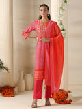 Women Chanderi Pink Bandhani Print embroidered Kurta Comfort Pant Dupatta.