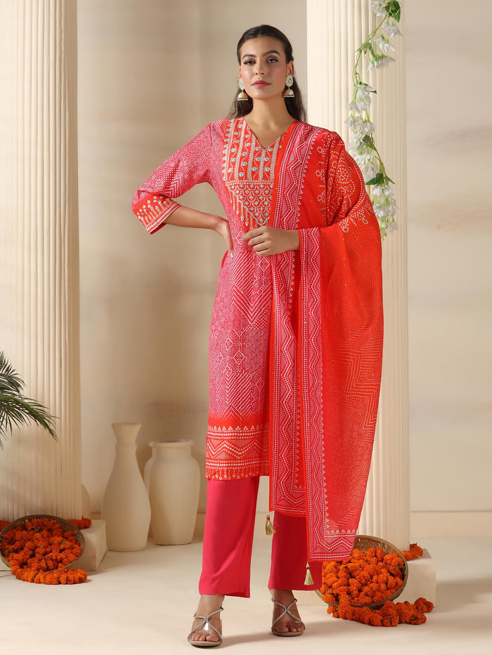 Women Chanderi Pink Bandhani Print embroidered Kurta Comfort Pant Dupatta.