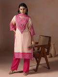 Women Chanderi Pink Bandhani Print Embroidered Kurta Comfort Pant Dupatta.