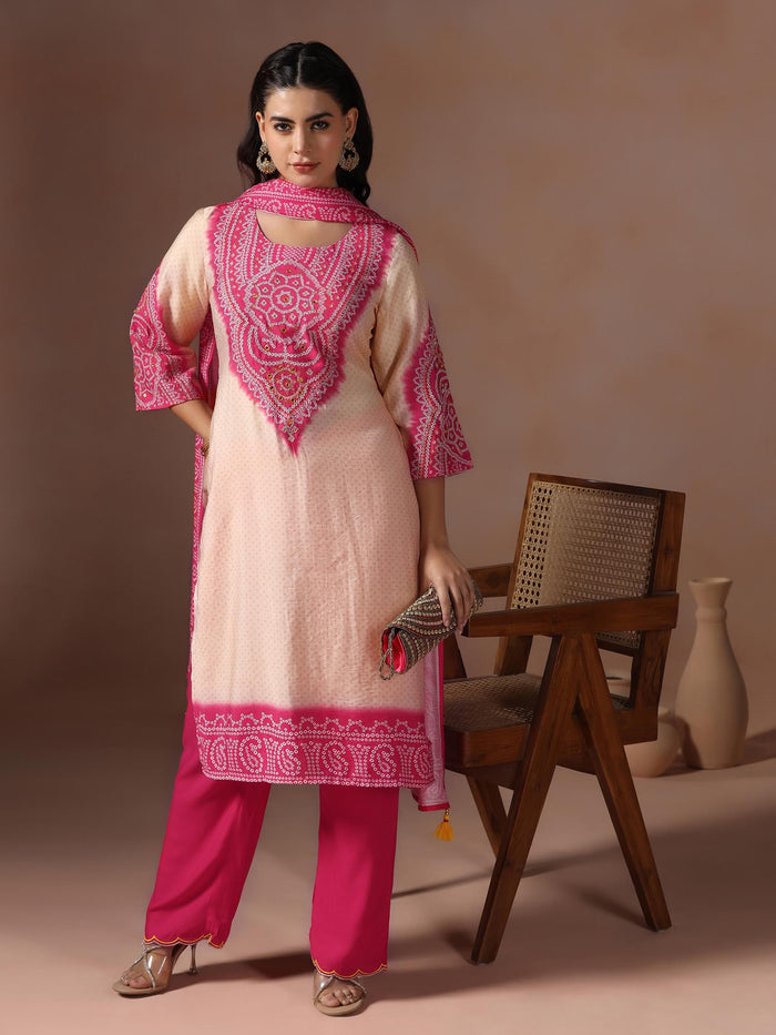 Women Chanderi Pink Bandhani Print Embroidered Kurta Comfort Pant Dupatta.