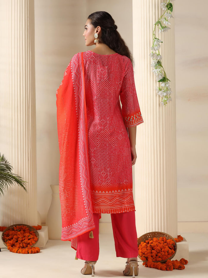 Women Chanderi Pink Bandhani Print embroidered Kurta Comfort Pant Dupatta.
