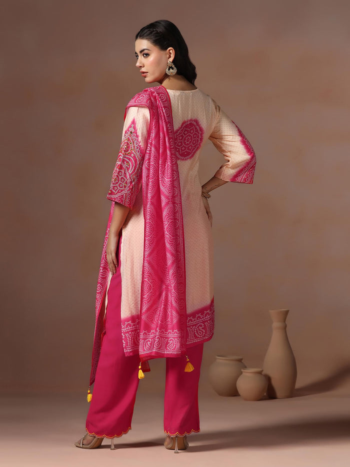 Women Chanderi Pink Bandhani Print Embroidered Kurta Comfort Pant Dupatta.