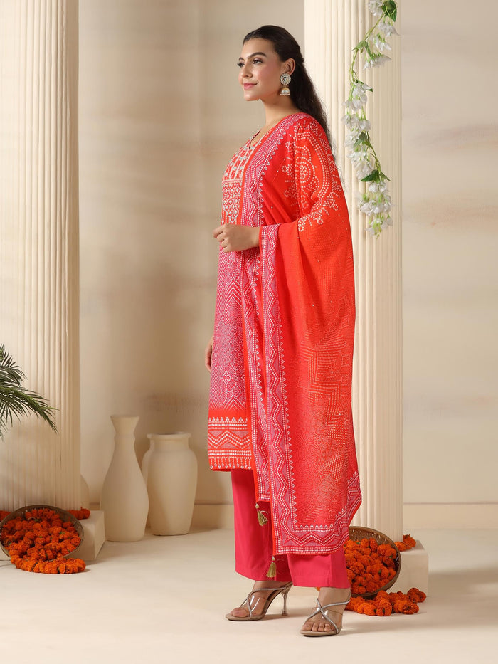 Women Chanderi Pink Bandhani Print embroidered Kurta Comfort Pant Dupatta.