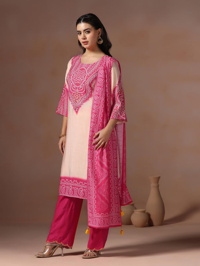 Women Chanderi Pink Bandhani Print Embroidered Kurta Comfort Pant Dupatta.