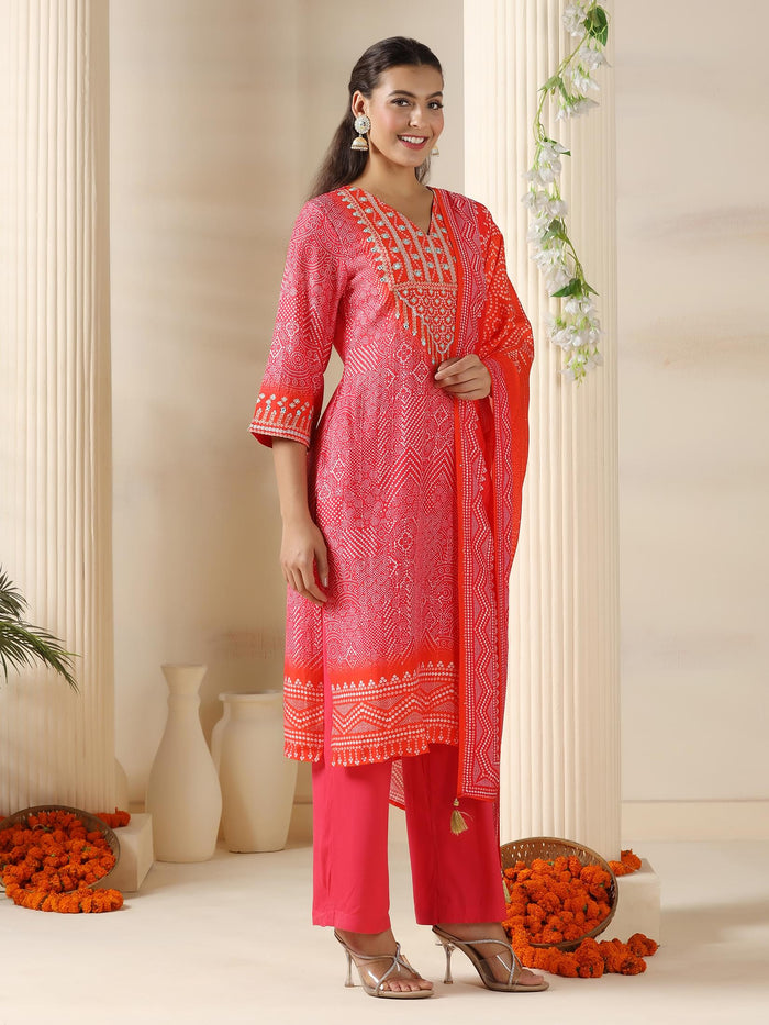 Women Chanderi Pink Bandhani Print embroidered Kurta Comfort Pant Dupatta.
