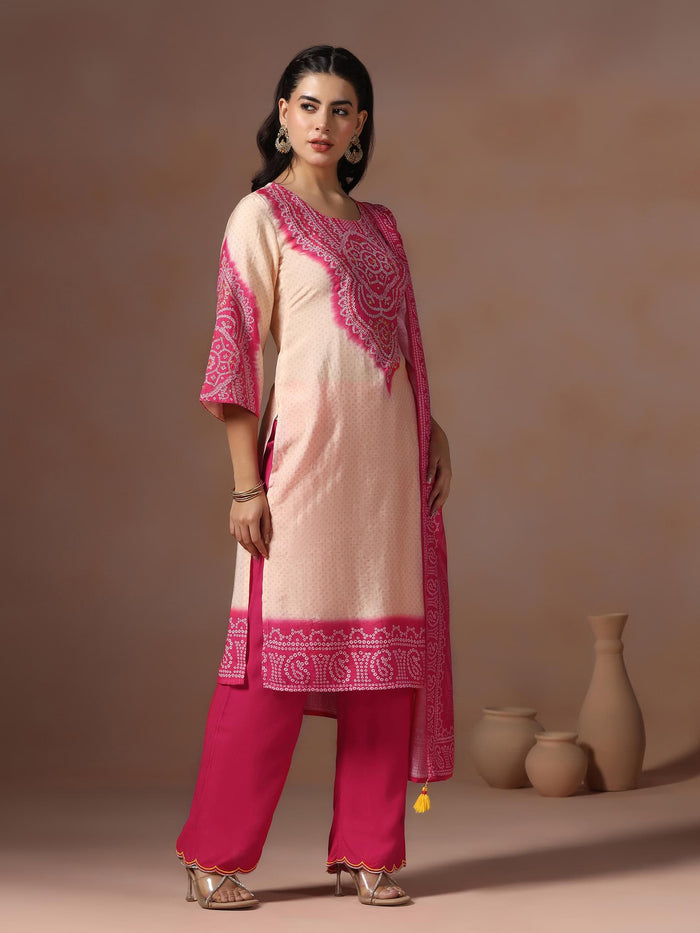 Women Chanderi Pink Bandhani Print Embroidered Kurta Comfort Pant Dupatta.