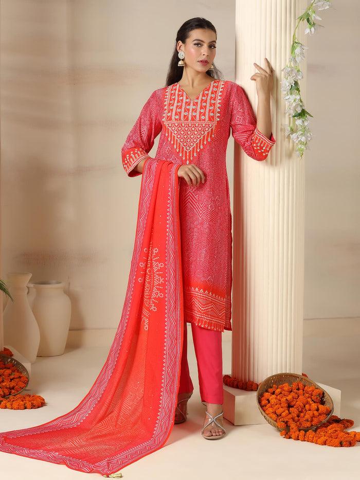 Women Chanderi Pink Bandhani Print embroidered Kurta Comfort Pant Dupatta.