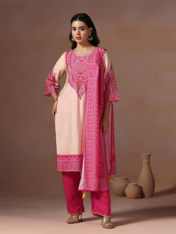 Women Chanderi Pink Bandhani Print Embroidered Kurta Comfort Pant Dupatta.