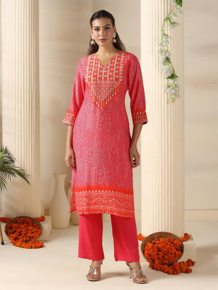 Women Chanderi Pink Bandhani Print embroidered Kurta Comfort Pant Dupatta.
