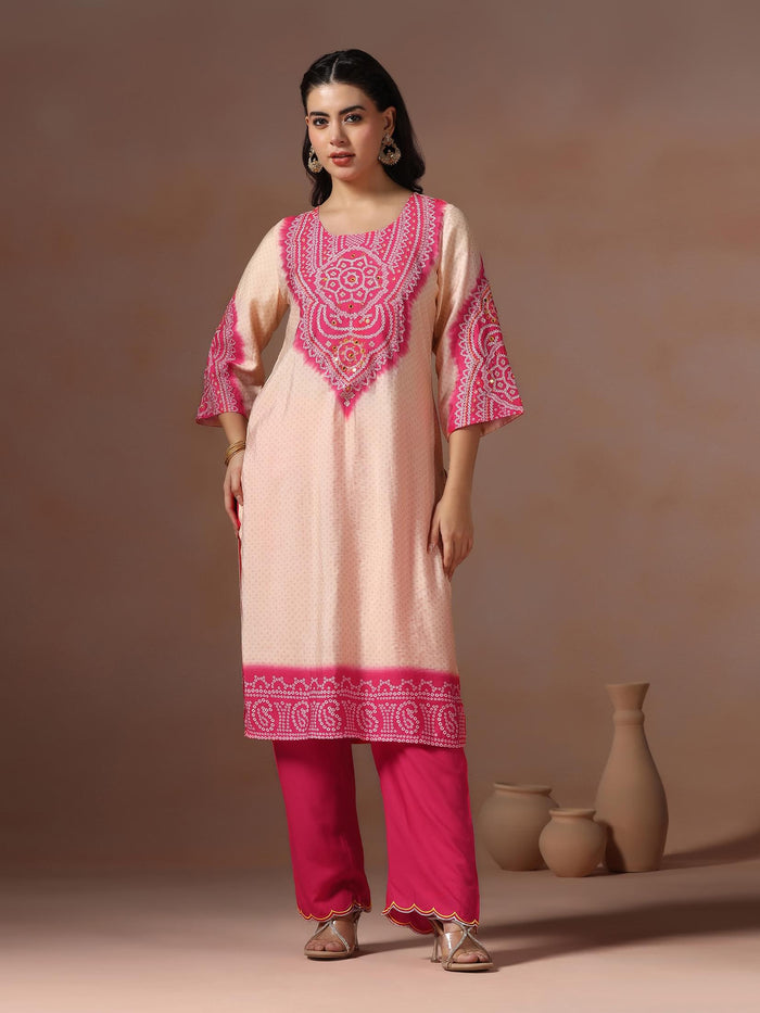 Women Chanderi Pink Bandhani Print Embroidered Kurta Comfort Pant Dupatta.