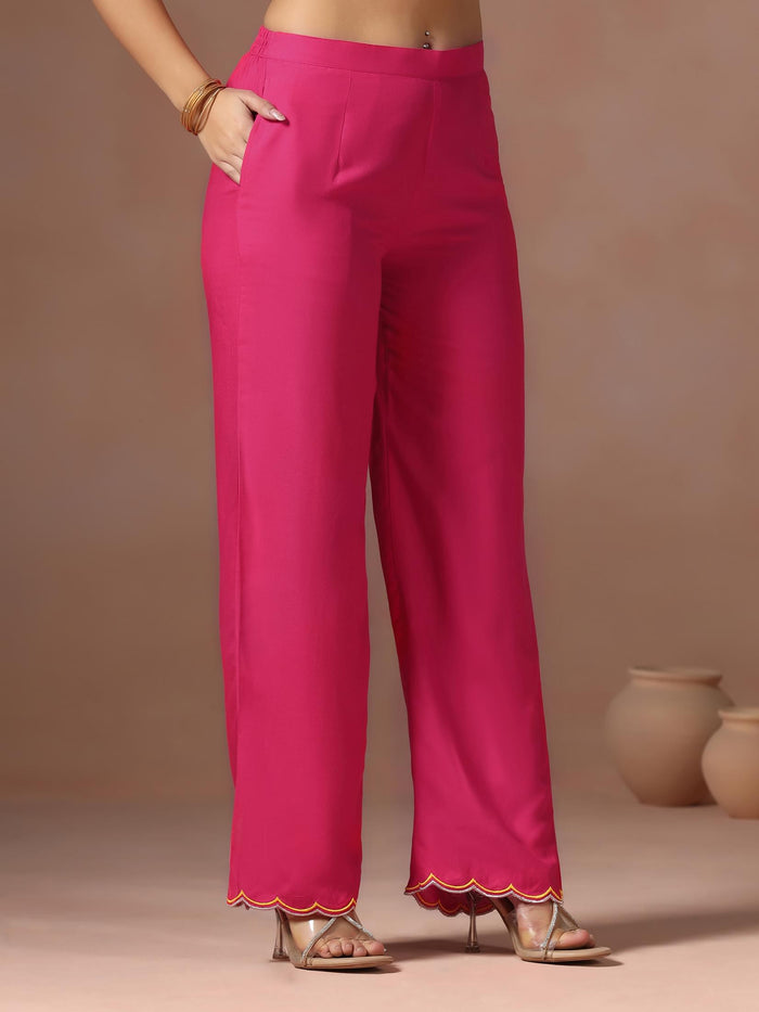Women Chanderi Pink Bandhani Print Embroidered Kurta Comfort Pant Dupatta.