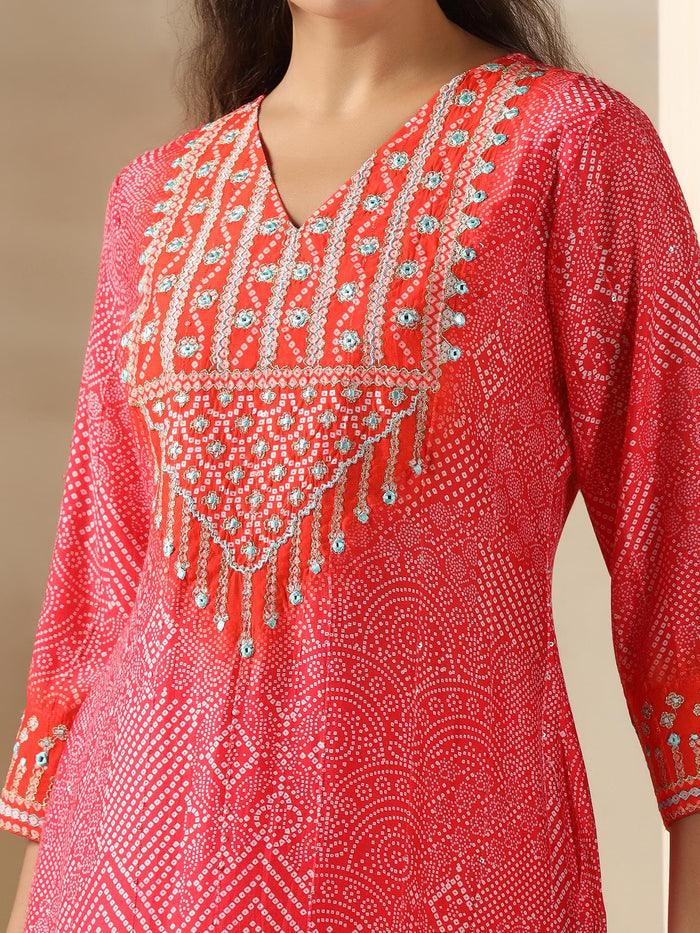 Women Chanderi Pink Bandhani Print embroidered Kurta Comfort Pant Dupatta.