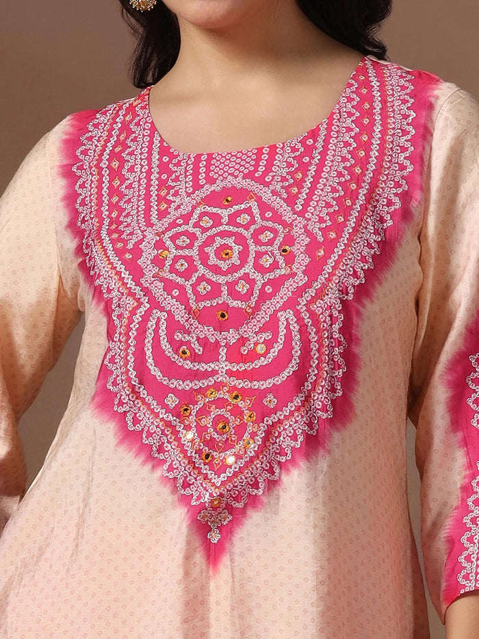 Women Chanderi Pink Bandhani Print Embroidered Kurta Comfort Pant Dupatta.