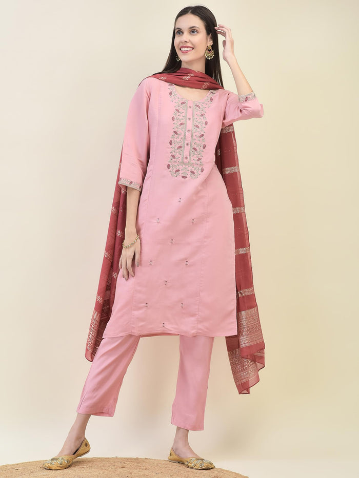 Women Chanderi Pink Embroidered Kurta Comfort Pant Dupatta.