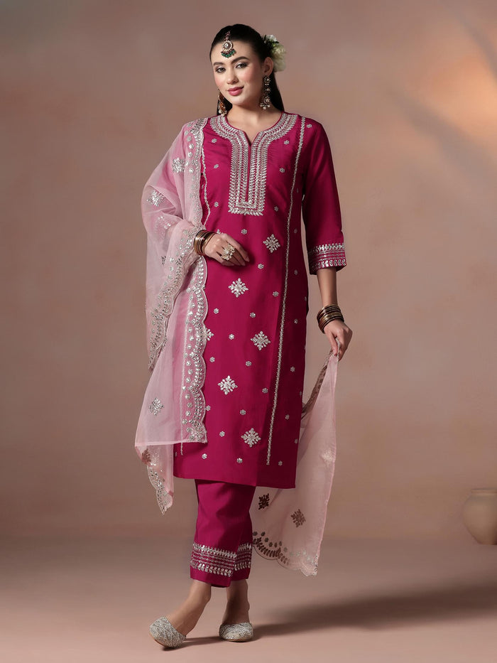 Women Chanderi Pink Embroidered Kurta Comfort Pant Dupatta.