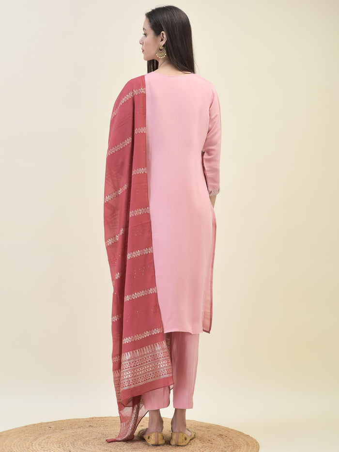 Women Chanderi Pink Embroidered Kurta Comfort Pant Dupatta.