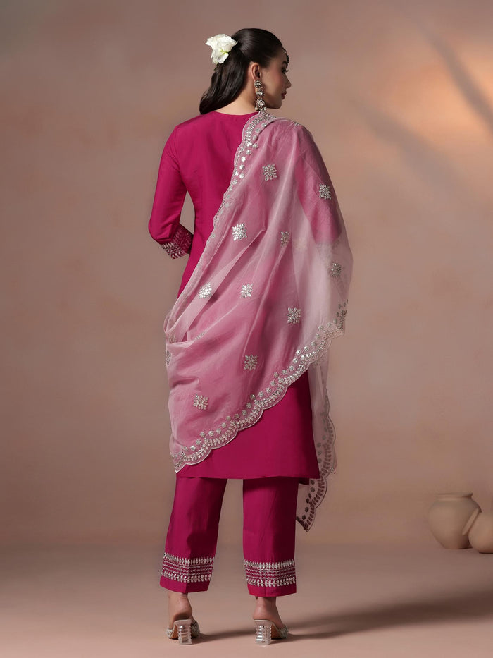 Women Chanderi Pink Embroidered Kurta Comfort Pant Dupatta.