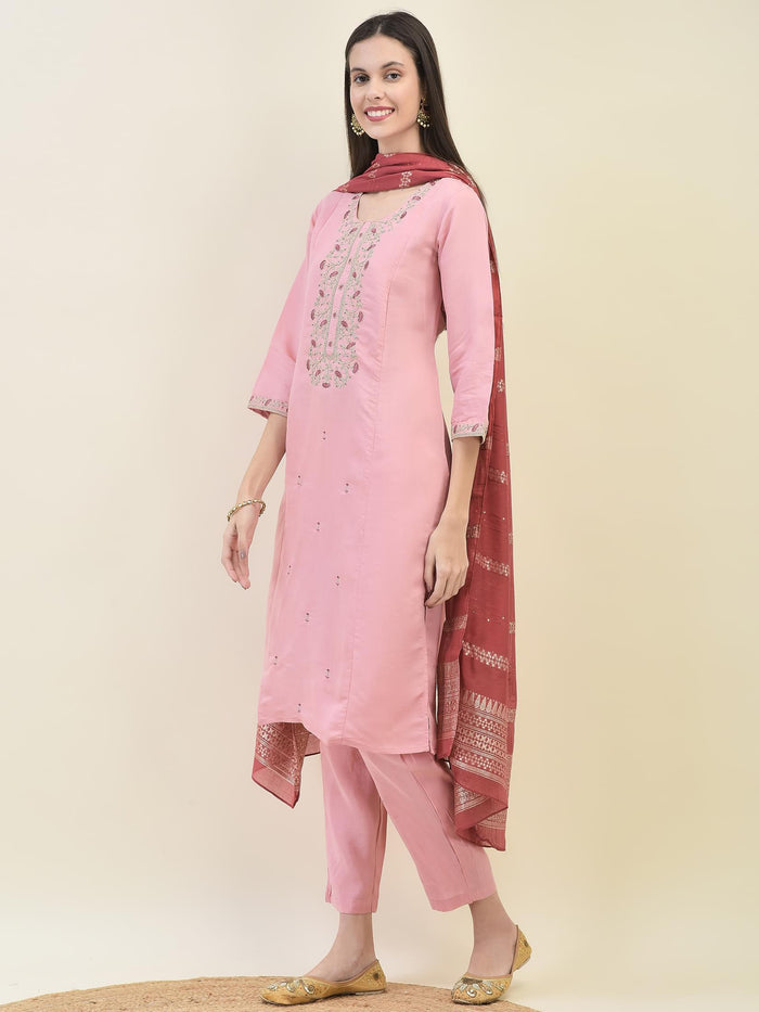 Women Chanderi Pink Embroidered Kurta Comfort Pant Dupatta.