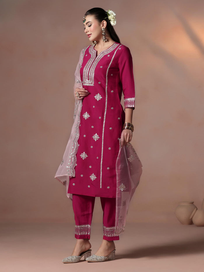 Women Chanderi Pink Embroidered Kurta Comfort Pant Dupatta.