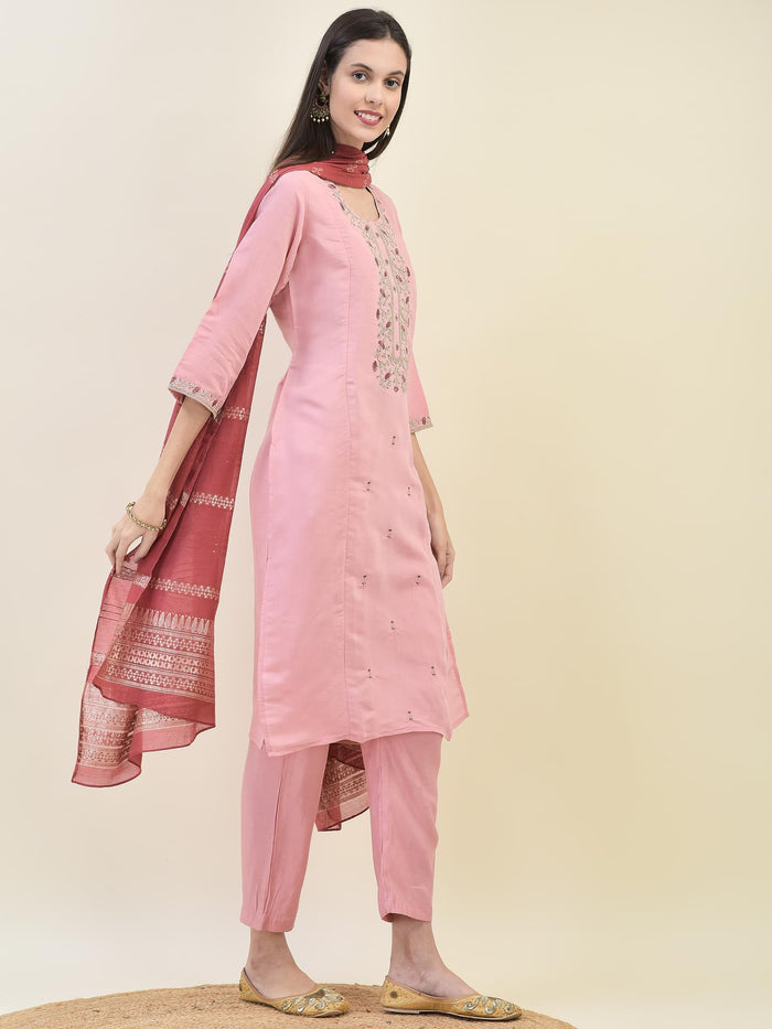 Women Chanderi Pink Embroidered Kurta Comfort Pant Dupatta.