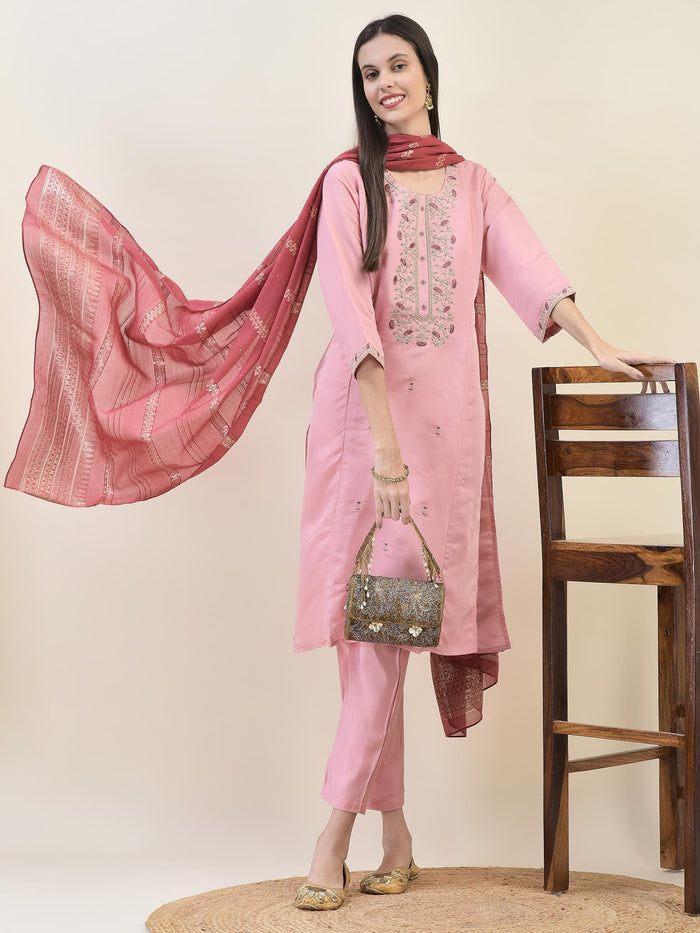 Women Chanderi Pink Embroidered Kurta Comfort Pant Dupatta.