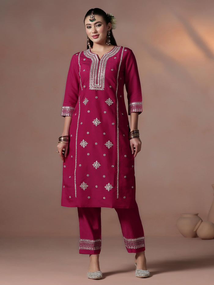 Women Chanderi Pink Embroidered Kurta Comfort Pant Dupatta.
