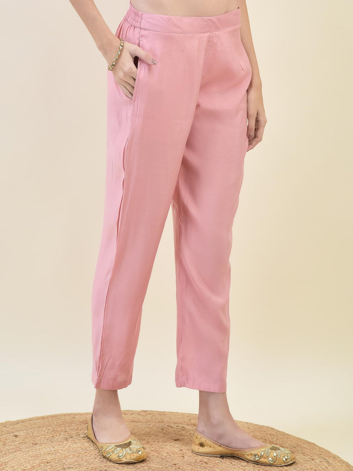 Women Chanderi Pink Embroidered Kurta Comfort Pant Dupatta.