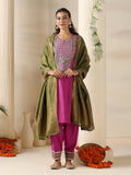 Women Chanderi Pink Embroidered Kurta Salwar Jacquard Dupatta.