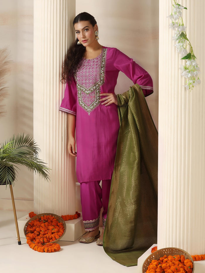 Women Chanderi Pink Embroidered Kurta Salwar Jacquard Dupatta.