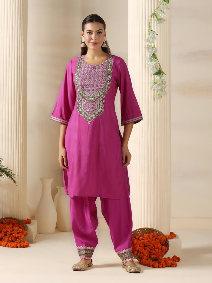 Women Chanderi Pink Embroidered Kurta Salwar Jacquard Dupatta.