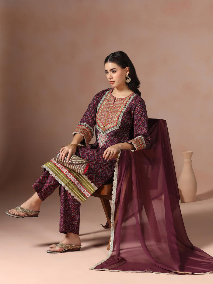 Women Chanderi Purple Bandhani Print Embroidered Kurta Comfort Pant Dupatta.