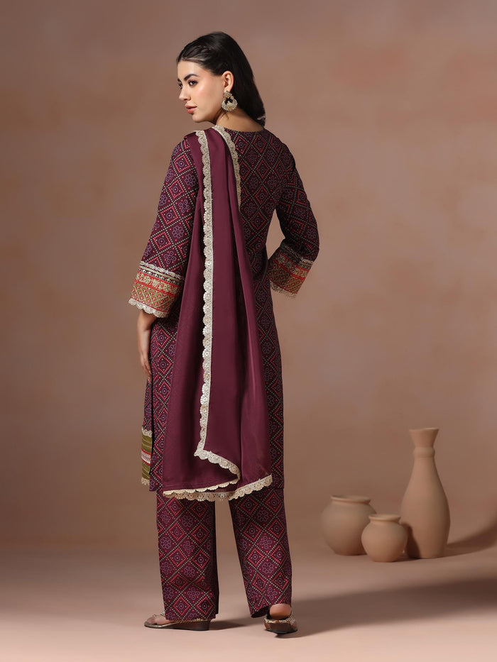 Women Chanderi Purple Bandhani Print Embroidered Kurta Comfort Pant Dupatta.