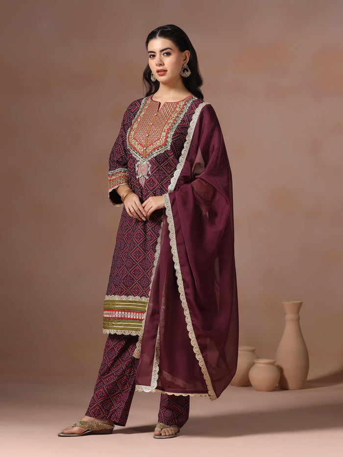 Women Chanderi Purple Bandhani Print Embroidered Kurta Comfort Pant Dupatta.