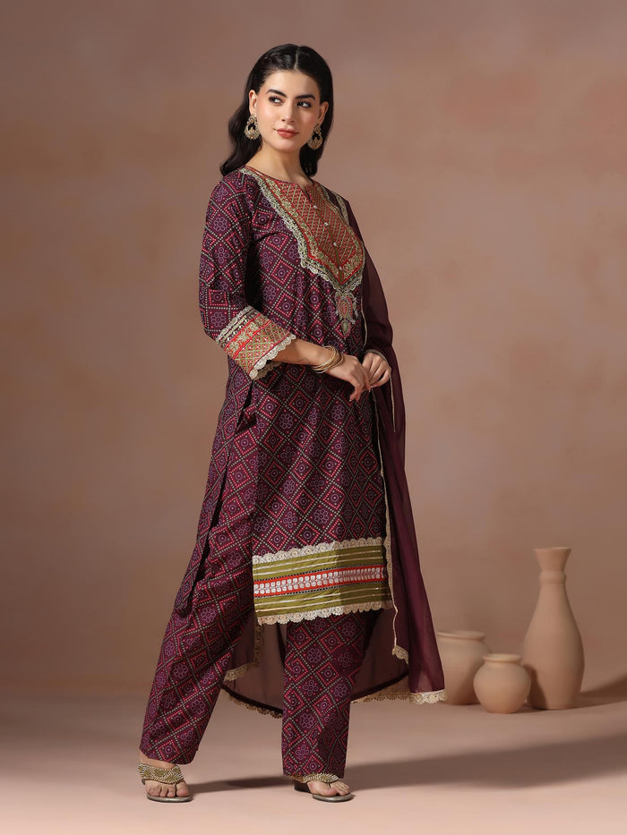 Women Chanderi Purple Bandhani Print Embroidered Kurta Comfort Pant Dupatta.