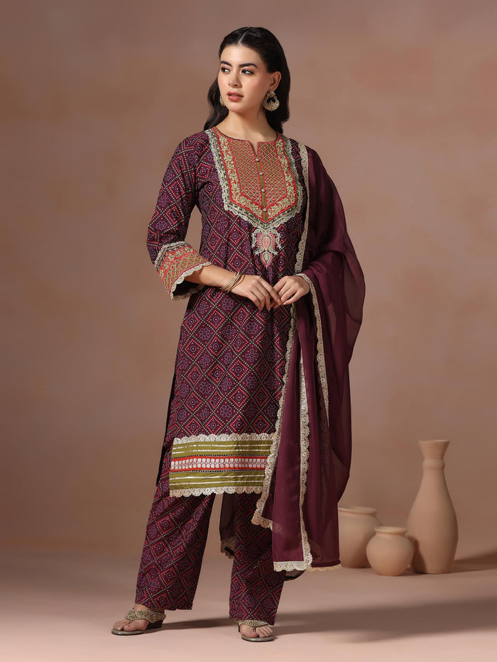 Women Chanderi Purple Bandhani Print Embroidered Kurta Comfort Pant Dupatta.