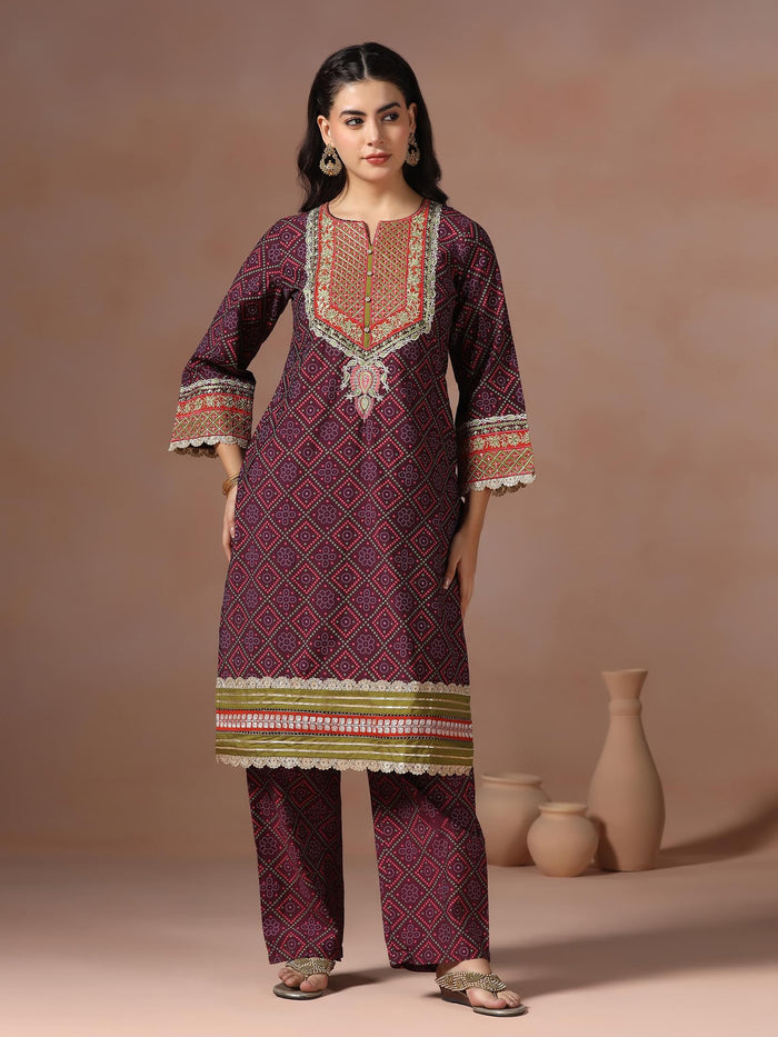 Women Chanderi Purple Bandhani Print Embroidered Kurta Comfort Pant Dupatta.